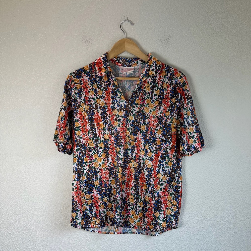 Haband for Her Blouse Womens Medium Multicolor Vintage Floral V-Neck Made in USA